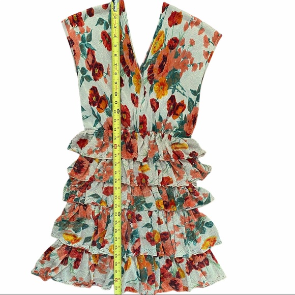 Escada Shimmer Poppy Floral Tiered Ruffle Dress V Neck Stretch - Picture 8 of 12